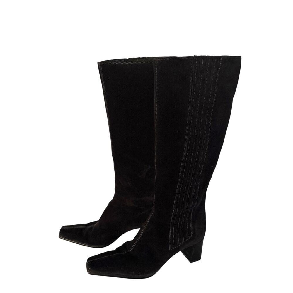 Sergio Rossi Black Suede Knee High Block Heel Boot Made in Italy Size 40.5